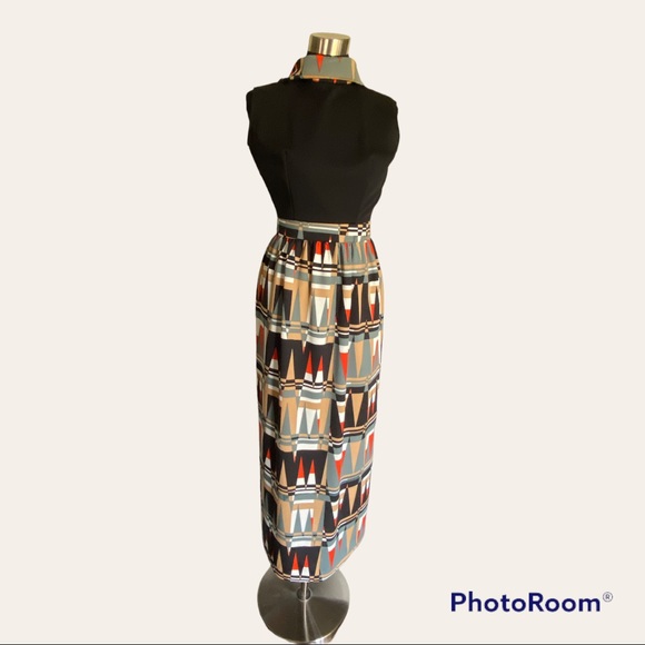 Vintage Polyester Black and Print Dress - Picture 1 of 13